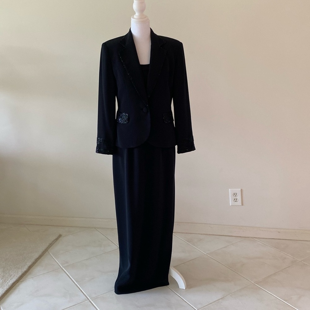 Sexy "Black Tie" long dress. Classy, smart beading on dress and jacket. Gorgeous